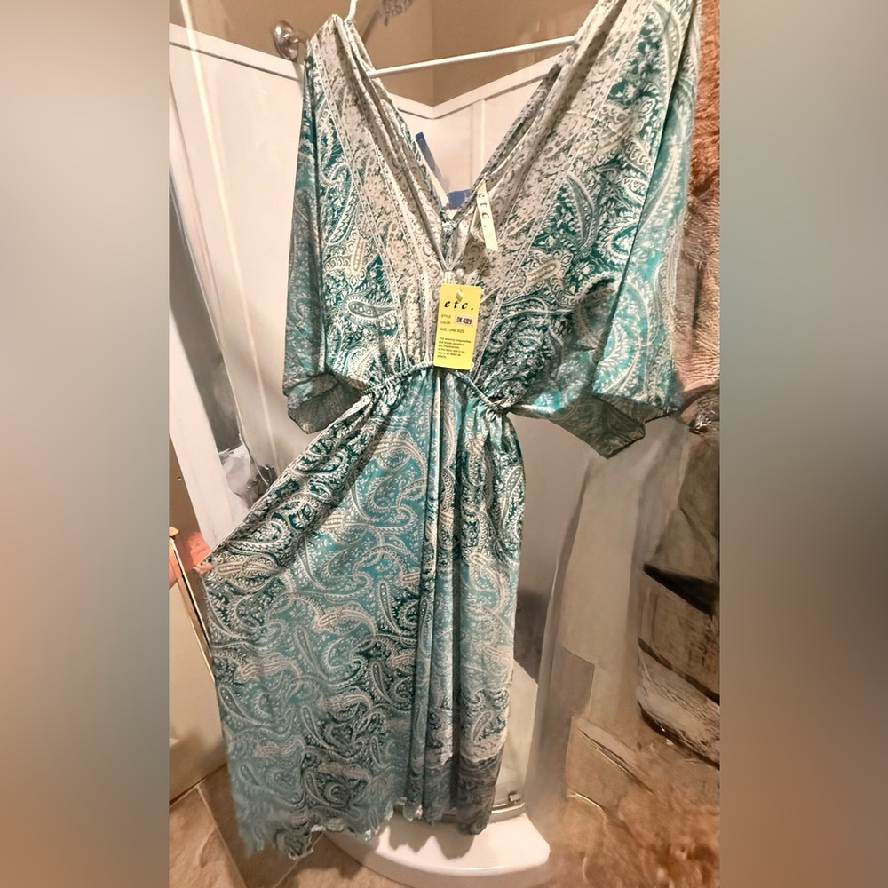 ETC Lazy Daisy Teal and White Paisley V-Neck Dress - Picture 4 of 7